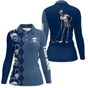 Blue navy skull argyle pattern custom Women golf polo shirts, women's golf tops NQS7719