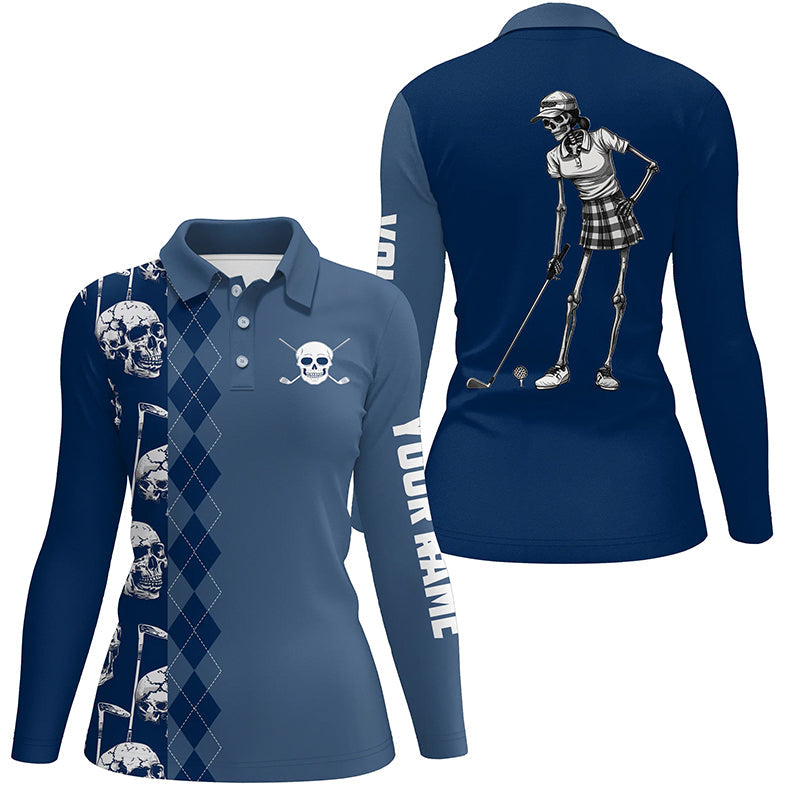 Blue navy skull argyle pattern custom Women golf polo shirts, women's golf tops NQS7719