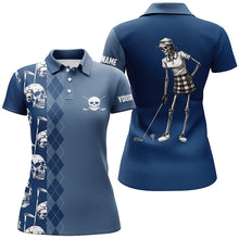 Load image into Gallery viewer, Blue navy skull argyle pattern custom Women golf polo shirts, women&#39;s golf tops NQS7719