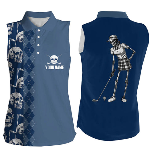 Blue navy skull argyle pattern custom Womens sleeveless polo shirts, women's golf tops NQS7719