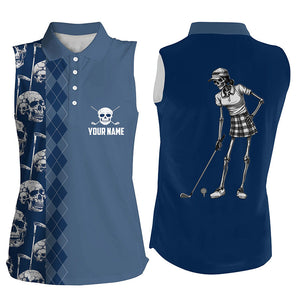 Blue navy skull argyle pattern custom Womens sleeveless polo shirts, women's golf tops NQS7719