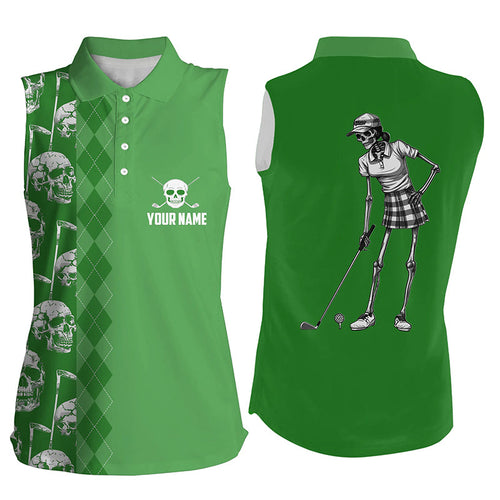 Green skull argyle pattern custom Womens sleeveless polo shirts, women's golf tops NQS7720