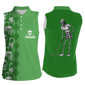 Green skull argyle pattern custom Womens sleeveless polo shirts, women's golf tops NQS7720