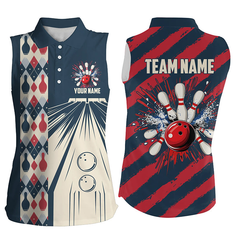 Personalized Red, white and blue Retro bowling Sleeveless Polo shirts for Women, Bowling Team Jerseys NQS7722