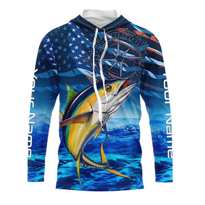Personalized Tuna Saltwater Blue Camo American flag patriotic Long Sleeve Performance Fishing Shirts NQS5845