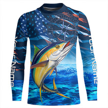 Load image into Gallery viewer, Personalized Tuna Saltwater Blue Camo American flag patriotic Long Sleeve Performance Fishing Shirts NQS5845