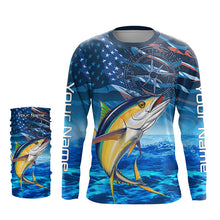 Load image into Gallery viewer, Personalized Tuna Saltwater Blue Camo American flag patriotic Long Sleeve Performance Fishing Shirts NQS5845
