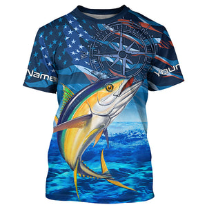 Personalized Tuna Saltwater Blue Camo American flag patriotic Long Sleeve Performance Fishing Shirts NQS5845