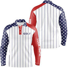 Load image into Gallery viewer, Mens golf polo shirts custom red, white and blue American flag patriotic stripes golf attire for men NQS7970