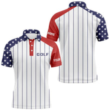 Load image into Gallery viewer, Mens golf polo shirts custom red, white and blue American flag patriotic stripes golf attire for men NQS7970