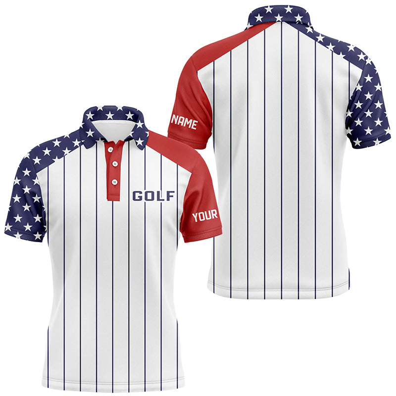 Mens golf polo shirts custom red, white and blue American flag patriotic stripes golf attire for men NQS7970