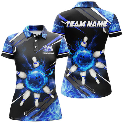 Black and Blue Flame Bowling ball pins Women polo, Quarter zip Shirts Custom team Bowling jerseys NQS7972