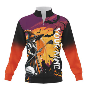 Halloween Witch play golf Quarter zip golf sweatshirt custom golf sweater, Halloween golfer gifts NQS8400