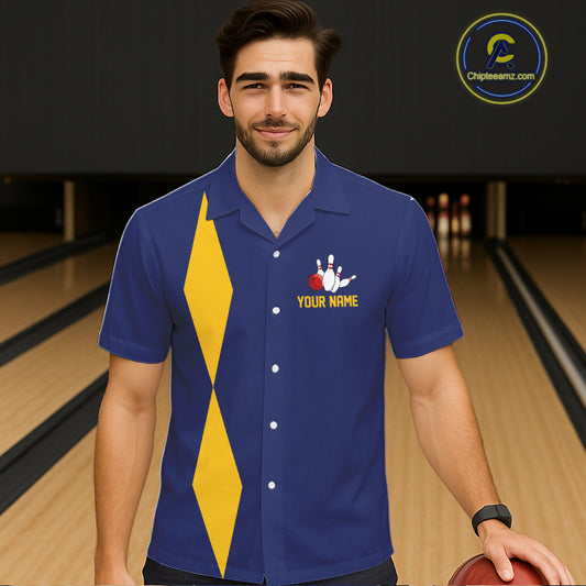 Personalized Yellow and Blue Retro Bowling Hawaiian shirts Custom vintage Team button up shirts NQS11165