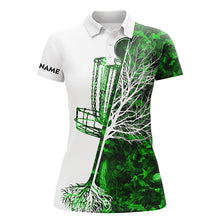 Load image into Gallery viewer, Womens disc golf polo shirt custom multi color camo disc golf basket, personalized disc golf shirts NQS4632