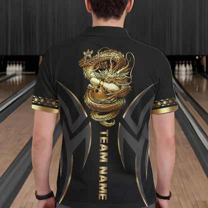 Black and Gold Dragon Bowling ball Polo, Quarter Zip Shirts for Men Custom Bowling Team jerseys NQS11579