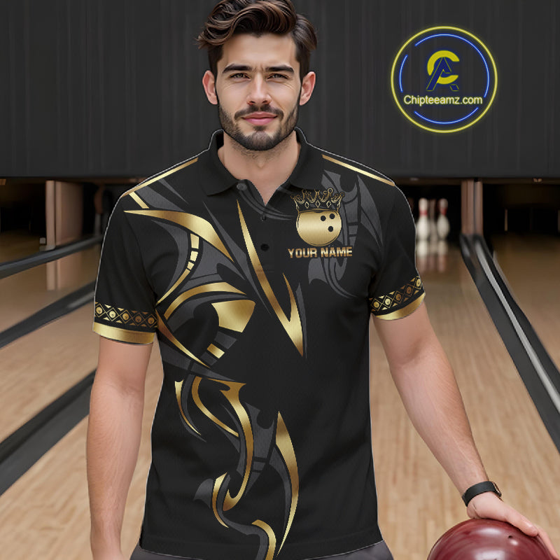 Black and Gold Dragon Bowling ball Polo, Quarter Zip Shirts for Men Custom Bowling Team jerseys NQS11579