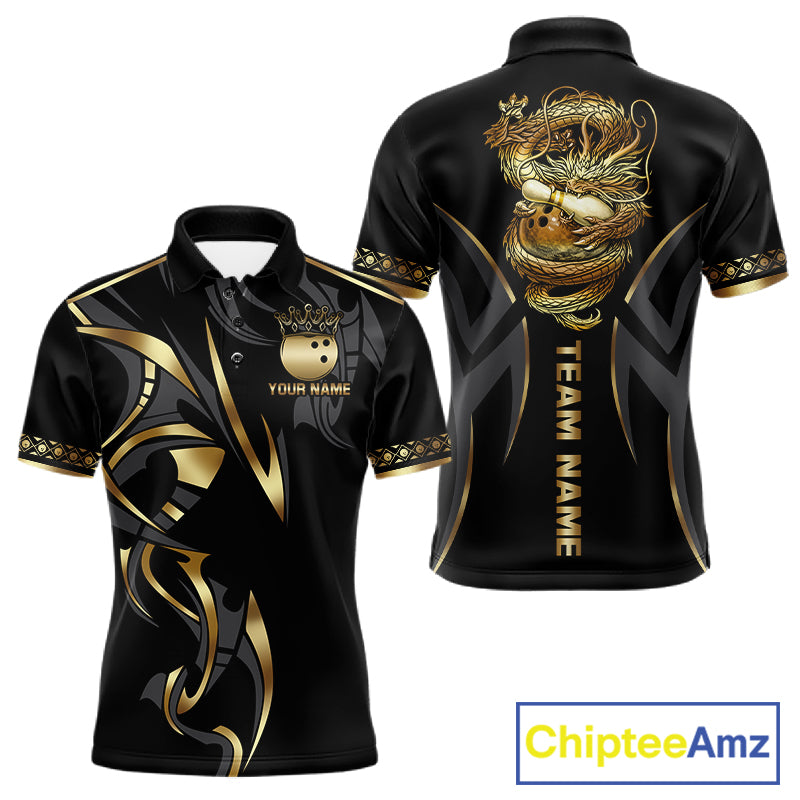 Black and Gold Dragon Bowling ball Polo, Quarter Zip Shirts for Men Custom Bowling Team jerseys NQS11579