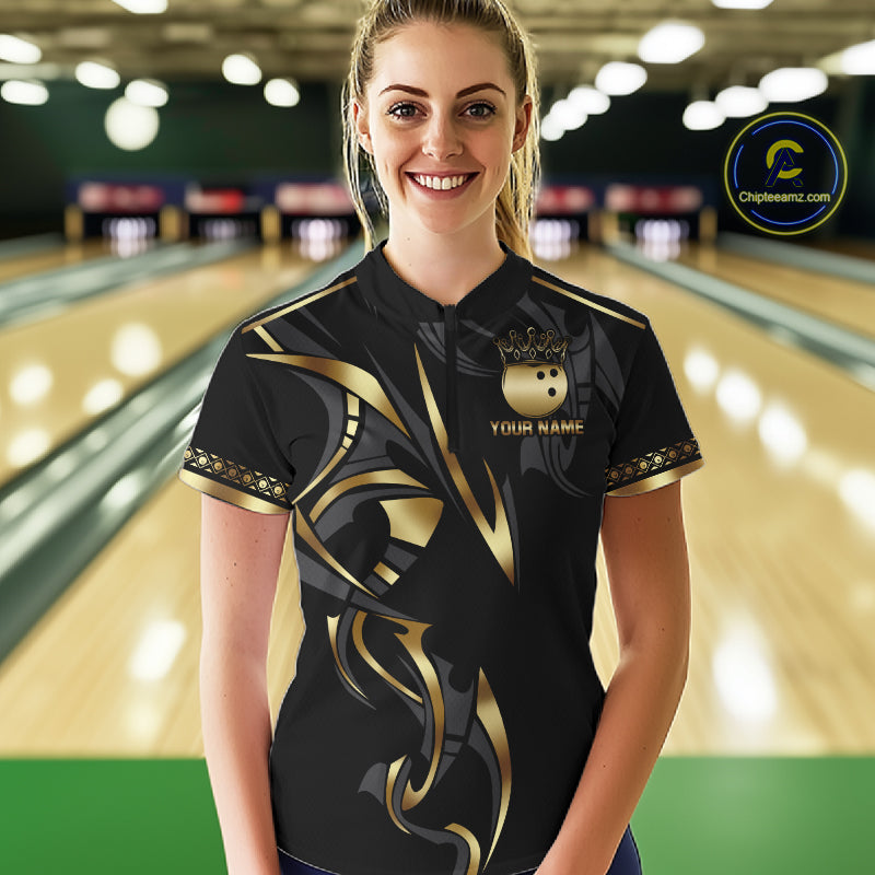 Black and Gold Dragon Bowling ball Polo, Quarter Zip Shirts for Women Custom Bowling Team jerseys NQS11579