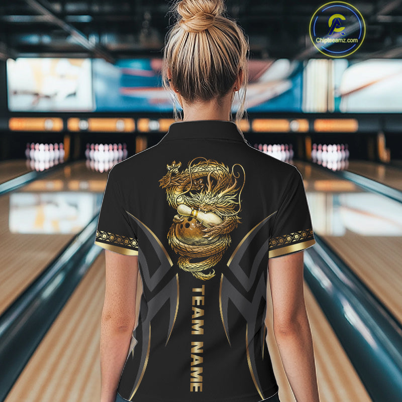 Black and Gold Dragon Bowling ball Polo, Quarter Zip Shirts for Women Custom Bowling Team jerseys NQS11579