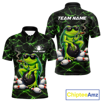 Black & Green Funny Frog Bowling Polo, 1/4 zip Shirts for Men Custom Team Frog Bowling League Jersey NQS11583