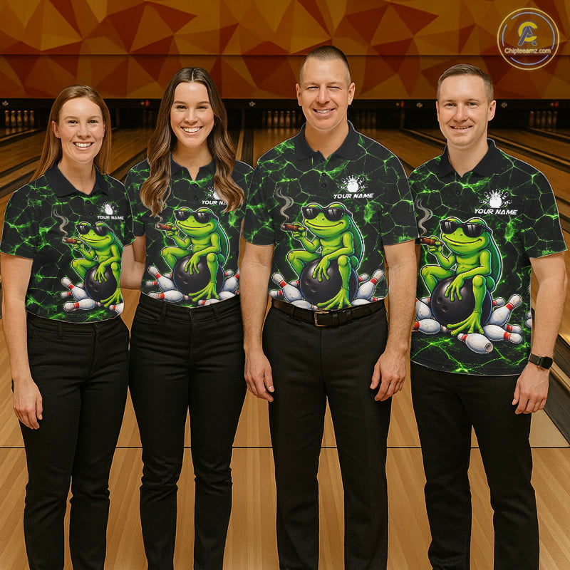 Black & Green Funny Frog Bowling Polo, 1/4 zip Shirts for Men Custom Team Frog Bowling League Jersey NQS11583