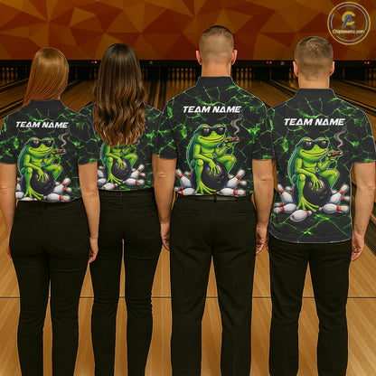 Black & Green Funny Frog Bowling Polo, 1/4 zip Shirts for Men Custom Team Frog Bowling League Jersey NQS11583