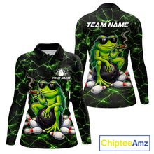 Load image into Gallery viewer, Black &amp; Green Funny Frog Bowling Polo, 1/4 zip Shirt for Women Custom Team Frog Bowling League Jersey NQS11583