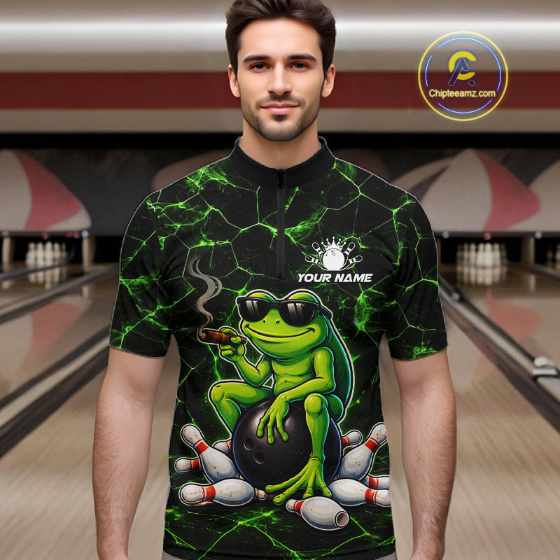 Black & Green Funny Frog Bowling Polo, 1/4 zip Shirts for Men Custom Team Frog Bowling League Jersey NQS11583