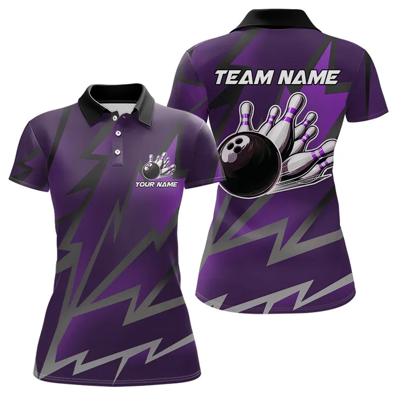 Purple Lightning Thunder Storm Team bowling shirts for women custom bowling Polo, Quarter zip jerseys NQS9625