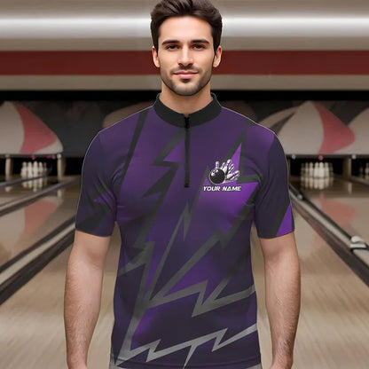 Purple Lightning Thunder Storm Team bowling shirts for Men custom bowling Polo, Quarter zip jerseys NQS9625