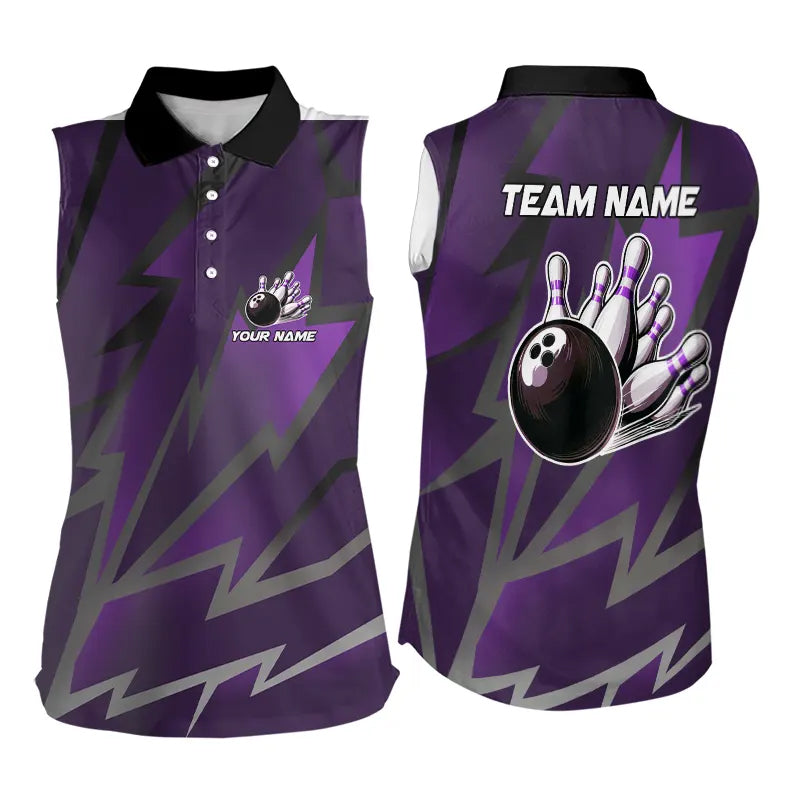 Purple Lightning Thunder Storm Team bowling shirts for Women custom bowling Sleeveless Polo jerseys NQS9625