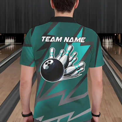Cyan Blue Lightning Thunder Storm Team bowling shirts for Men custom bowling Polo, Quarter zip jerseys NQS9626