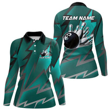 Load image into Gallery viewer, Cyan Blue Lightning Thunder Storm Team bowling shirt for women custom bowling Polo, Quarter zip jersey NQS9626