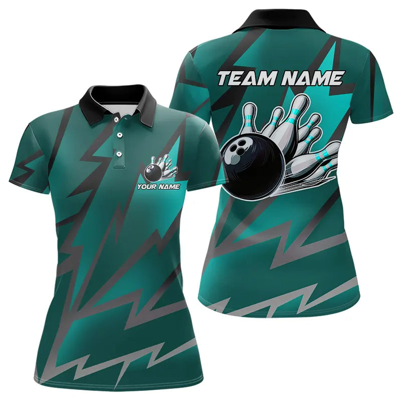 Cyan Blue Lightning Thunder Storm Team bowling shirt for women custom bowling Polo, Quarter zip jersey NQS9626