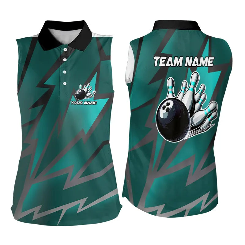 Cyan Blue Lightning Thunder Storm Team bowling shirts for Women custom bowling Sleeveless Polo jerseys NQS9626