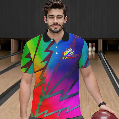 Colorful Rainbow Lightning Thunder Team bowling shirt for Men custom bowling Polo, 1/4 zip jersey NQS9627