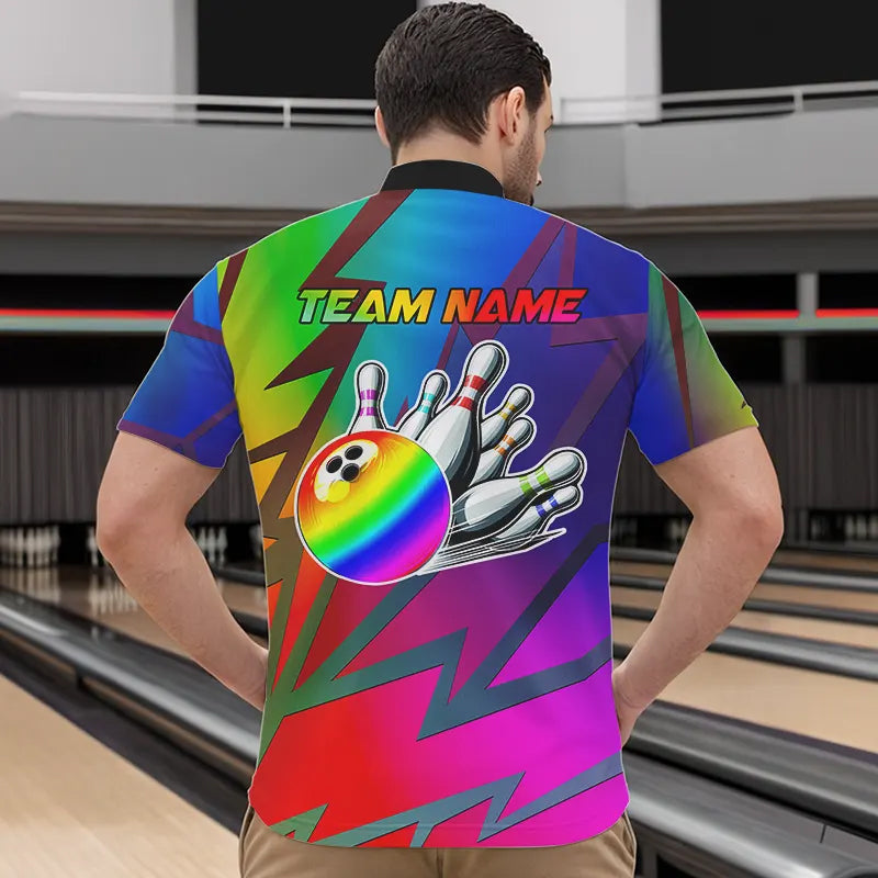Colorful Rainbow Lightning Thunder Team bowling shirt for Men custom bowling Polo, 1/4 zip jersey NQS9627