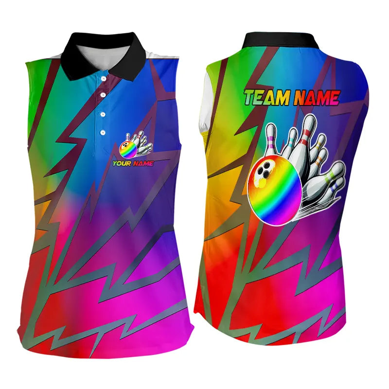 Colorful Rainbow Lightning Thunder Team bowling shirts for Women custom bowling Sleeveless Polo jersey NQS9627