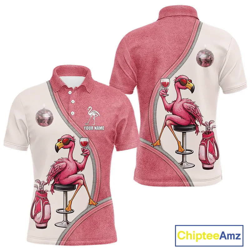 Custom Funny Pink Flamingo Drink Wine Golf Polo Shirts For Men, Flamingo Mens Golf tops NQS11711