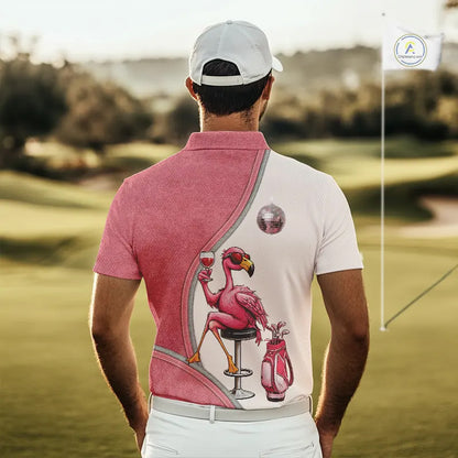 Custom Funny Pink Flamingo Drink Wine Golf Polo Shirts For Men, Flamingo Mens Golf tops NQS11711