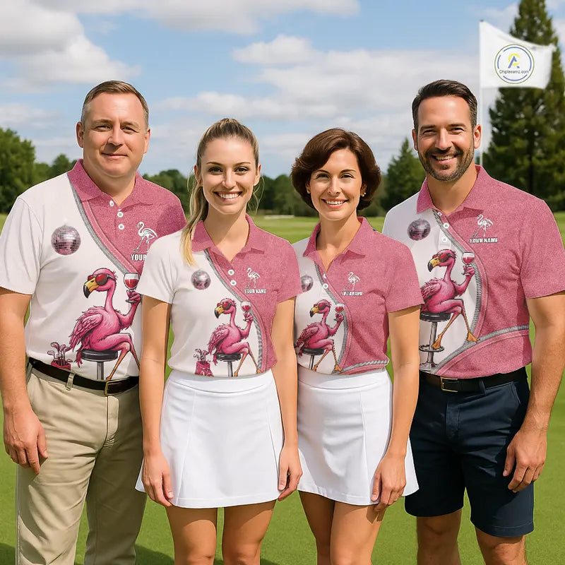 Custom Funny Pink Flamingo Drink Wine Golf Polo Shirts For Women, Flamingo Ladies Golf tops NQS11711