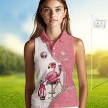 Load image into Gallery viewer, Custom Funny Pink Flamingo Drink Wine Women Sleeveless Golf Polo Shirts, Flamingo Ladies Golf tops NQS11711