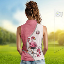 Load image into Gallery viewer, Custom Funny Pink Flamingo Drink Wine Women Sleeveless Golf Polo Shirts, Flamingo Ladies Golf tops NQS11711