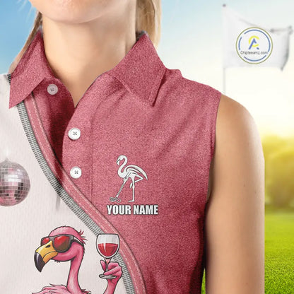 Custom Funny Pink Flamingo Drink Wine Women Sleeveless Golf Polo Shirts, Flamingo Ladies Golf tops NQS11711