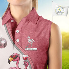 Load image into Gallery viewer, Custom Funny Pink Flamingo Drink Wine Women Sleeveless Golf Polo Shirts, Flamingo Ladies Golf tops NQS11711