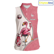 Load image into Gallery viewer, Custom Funny Pink Flamingo Drink Wine Women Sleeveless Golf Polo Shirts, Flamingo Ladies Golf tops NQS11711