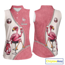 Load image into Gallery viewer, Custom Funny Pink Flamingo Drink Wine Women Sleeveless Golf Polo Shirts, Flamingo Ladies Golf tops NQS11711