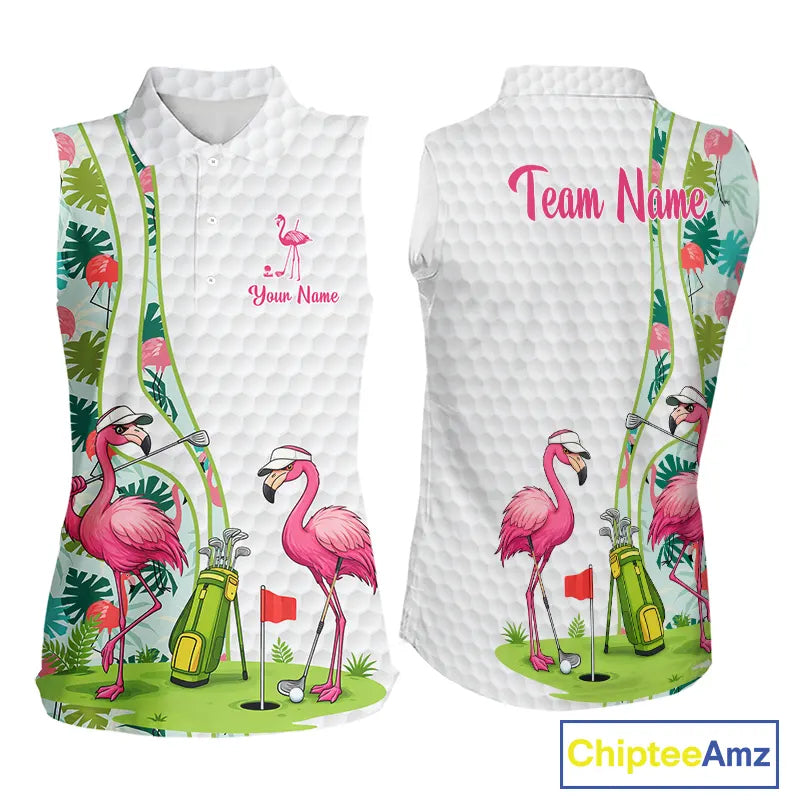 Funny Pink Flamingo Sleeveless Golf polo shirt custom tropical monstera leaf pattern golf shirts NQS11713