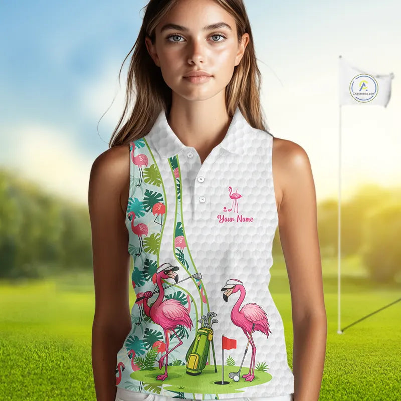 Funny Pink Flamingo Sleeveless Golf polo shirt custom tropical monstera leaf pattern golf shirts NQS11713
